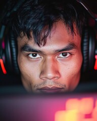 Aufkleber - Immersive Gaming Focus South Asian Male Esports Athlete with Noise-Canceling Headphones and Screen Glow - Competitive Gaming Strategy and Marketing Innovation
