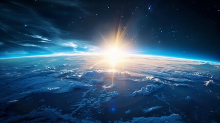 Wall Mural - stunning blue sunrise on earth’s horizon from space, atmospheric glow illuminating the planet agains