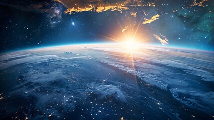 Wall Mural - stunning blue sunrise on earth’s horizon from space, atmospheric glow illuminating the planet agains