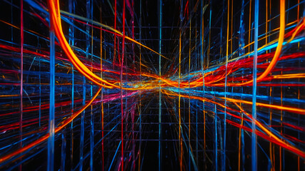 Poster - Vibrant light trails weave through a futuristic tunnel filled with glowing colors and digital patterns