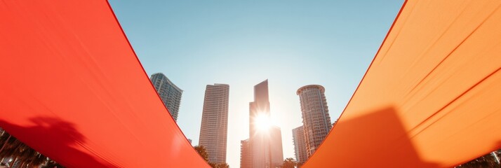 Poster - Vibrant Urban Celebration Colorful Fabric Drapes in High-Rise Cityscape - Dynamic Social Content and Cultural Event Marketing for Urban Tourism Appeal