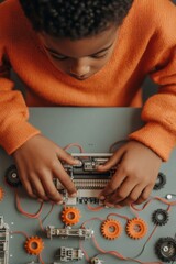 Poster - Playful STEM Exploration Close-up of Young Childs Hands Engaging in Robotic Programming - Creative Learning with Colorful Parts for Modern Educational Technology and Youth Development