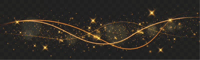 Poster - Light sparkle glitter shine glow with golden wavy light trails, glowing particles, and sparkling effects on a transparent background.