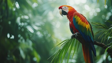 Poster - A stunning scarlet macaw rests elegantly on a tropical branch, showcasing its brilliant red, yellow, and blue feathers