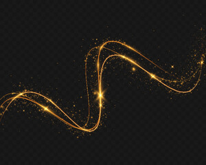 Poster - Light sparkle glitter shine glow with golden wavy light trails, glowing particles, and sparkling effects on a transparent background.