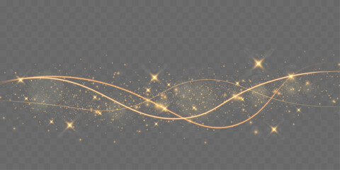 Poster - Light sparkle glitter shine glow with golden wavy light trails, glowing particles, and sparkling effects on a transparent background.