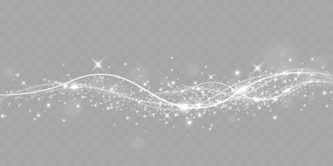 Wall Mural - Sparkling white light particles on transparent background, glowing stars and dust effect, festive glitter overlay, magical illumination, digital abstract decoration.