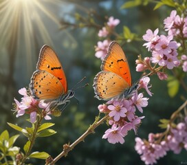 lycaena phlaeas butterfly perched on a branch with blossoms in sunlight, sunlit, golden hour