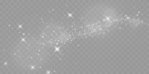 Poster - Sparkling white light particles on transparent background, glowing stars and dust effect, festive glitter overlay, magical illumination, digital abstract decoration.