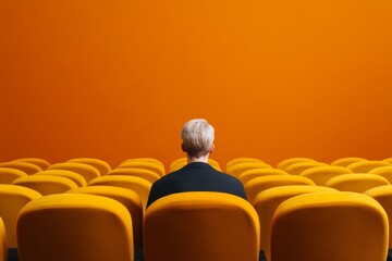 Poster - Monochrome Minimalism Orange Auditorium Seating with Solo Figure - Contemporary Seminar Setup Enhancing Professional Development for Modern Business Environments