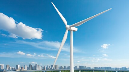 Wall Mural - Sustainable energy solutions, Large Wind Turbine Against Clear Blue Sky and Urban Skyline in Daylight