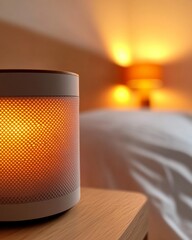 Aufkleber - Warm-Tech Bedroom AI-Driven Smart Speaker on Wooden Bedside - Enhancing Nighttime Routines and Wellness in Modern Smart Homes