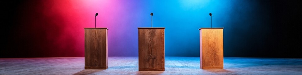 Poster - Contemporary Debate Stage Sleek Wooden Podiums with Professional Lighting - Dynamic Media Environment for Electoral Coverage and Democratic Engagement