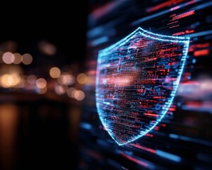 Fototapete - Neon Digital Shield with Network Nodes Futuristic Cybersecurity Graphic for Tech Industry - Enhanced System Protection Visualization and Modern IT Infrastructure Defense