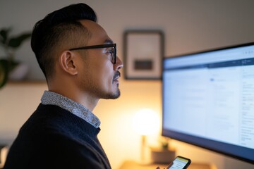 Poster - Modern Digital Workspace Focused Asian Professional at Standing Desk Using Smartphone and Monitor for Corporate E-Learning - Enhancing Remote Business Training Efficiency