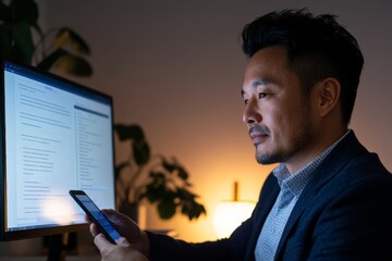 Aufkleber - Tech-Enhanced Workspace Asian Male in Business Attire at Standing Desk with Smartphone and Monitor - Online Training for Corporate Growth in Modern Home Office