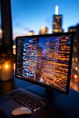 Aufkleber - Modern Tech Aesthetic Dual Monitor Workstation with Ambient Lighting on Sleek Desk - Enhancing Digital Productivity in Urban Professional Spaces