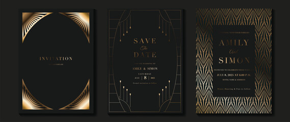 Wall Mural - luxury invitation card background vector. golden elegant wavy gold line pattern on black background.