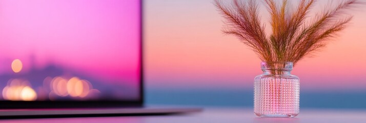 Leinwandbilder - Sunset Minimalist Workspace Sleek Laptop and Textured Glass Vase with Grasses for Modern Digital Creatives - Professional Design and Trendy Office Decor
