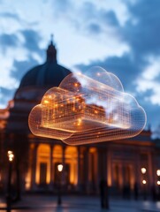 Poster - Futuristic Digital Cloud Illuminated Node Graph Above Architectural Backdrop - Tech Network Visualization for Innovative Business and Connectivity Solutions