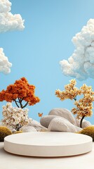 Wall Mural - ai-generated art serene nature scene with colorful trees, rocks, and butterfly under a clear blue sk