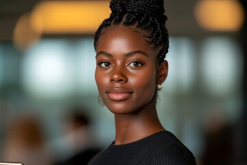 Poster - Contemporary Leadership Portrait Black Woman with Braided Hair and Tablet in Modern Office - Empowerment Visuals for Business, Education and Tech Industries