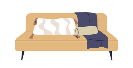 Poster - Sofa with cushions and blanket. Cozy comfortable couch, home furniture in modern Scandinavian design, trendy retro style. Seat for living room. Flat vector illustration isolated on white background