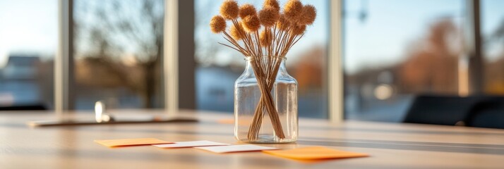 Aufkleber - Minimalist Workspace Aesthetic Dried Floral Arrangements in Glass Vase with Wooden Table and Orange Sticky Notes - Inspiring Modern Office Design and Collaborative Creative Planning
