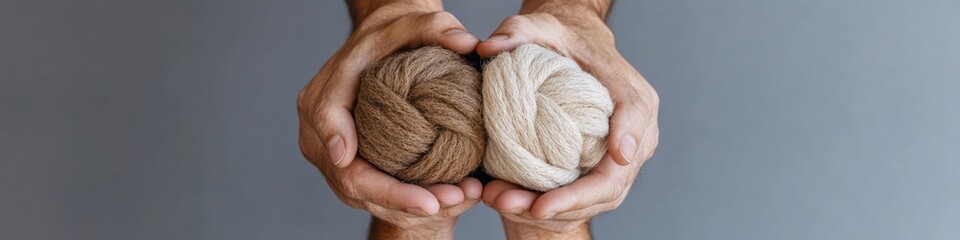 Aufkleber - Handcrafted Minimalism Protective Hands Holding Woolen Spheres on Neutral Surface - Community Care Symbolism in Sustainable Fashion and Textile Marketing