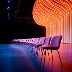 Aufkleber - Futuristic Event Venue Vibrant LED Wave Backdrop with Modern Seating - Dynamic Corporate Environment for Engaging Audience Interaction and Innovative Business Workshops
