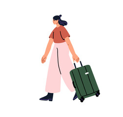 woman walking, pulling wheeled suitcase. sad tourist leaving, departing with baggage, spinner travel