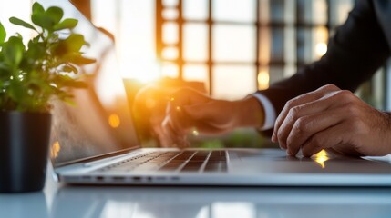 Aufkleber - Contemporary Workspace Aesthetic Digital Planning with Laptop and Sunlit Office - Innovative Business Strategy and Agile Project Management for Professional Growth