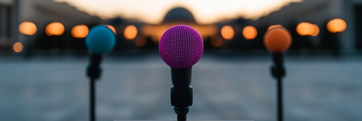 Poster - Color-Pop Conference Setup Modern Microphone Display on Urban Evening Backdrop Effective Media Strategy and Public Engagement Tools for Journalism and Event Management