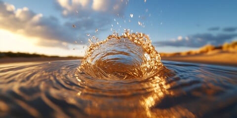 Aufkleber - Dynamic Water Motion Art Golden Ripple Wave Captured at Sunset - Eco-Aesthetic Visual Content for Nature-Based Marketing and Outdoor Adventure Industries