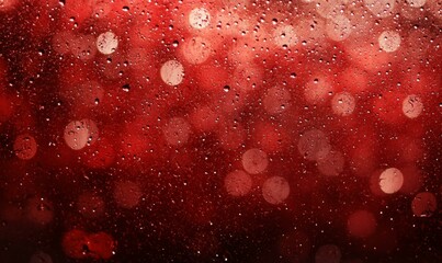 Raindrops on red glass with bokeh light effects glistening.