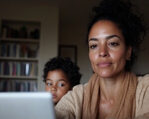 Poster - Cozy Family Study Space Latina Parent Guides Childs Learning on Laptop - Modern Home Design and Remote Education Insights for Contemporary Lifestyle Integration