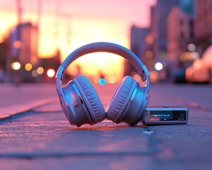 Aufkleber - Urban Nostalgia Vibes Metallic Headphones and Retro MP3 on Vibrant Sidewalk - Creative Music Marketing and Cultural Storytelling in Digital Media