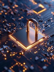 Leinwandbilder - Cyber Aesthetic Circuitry Metallic Network Security Lock on Circuit Board - Advanced Digital Protection and Tech Visualization for Modern Infrastructure Defense Solutions