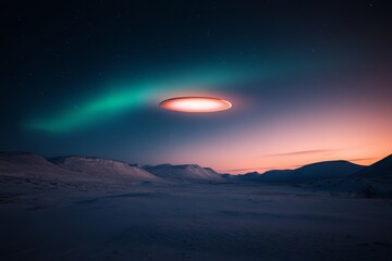 Aufkleber - Mystical Sci-Fi Spacescape Futuristic Spaceship Over Snowy Mountains with Ethereal Light Effects - Immersive Visuals for Tech Marketing and Entertainment Design