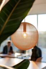 Aufkleber - Biophilic Workspace Textured Rattan Lighting with Indoor Plants and Collaborative Environment - Creative Innovation in Modern Office Design for Team Synergy