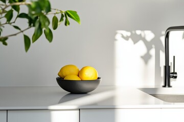 Poster - Minimalist Scandinavian Kitchen White Countertops and Subtle Gray Tiles for Urban Development and Startup Spaces Enhance Focus and Elegance with Natural Light