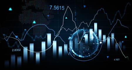 Poster - Financial market analysis with bar graphs and line charts on digital interface. 3D Rendering