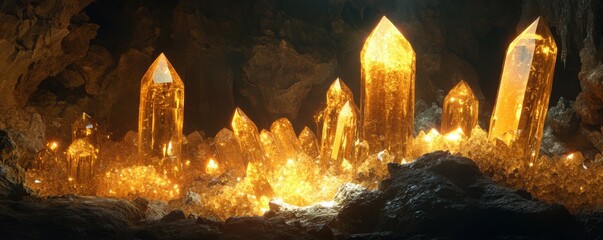 Wall Mural - Golden crystals glisten in the dark background of a mineral rich cave location