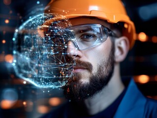 Fototapete - Futuristic Industrial Tech Male Engineer Analyzing Digital Hologram with Safety Gear and Network Visualization Advancing Automation and Innovative Manufacturing Solutions