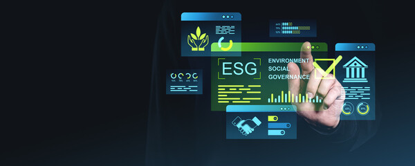 Poster - ESG investment strategy concept with holographic interface showcasing environment, social, and governance elements on dark background.