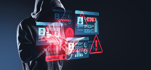 Poster - Hacker in a hooded sweatshirt interacting with virtual ID and wa