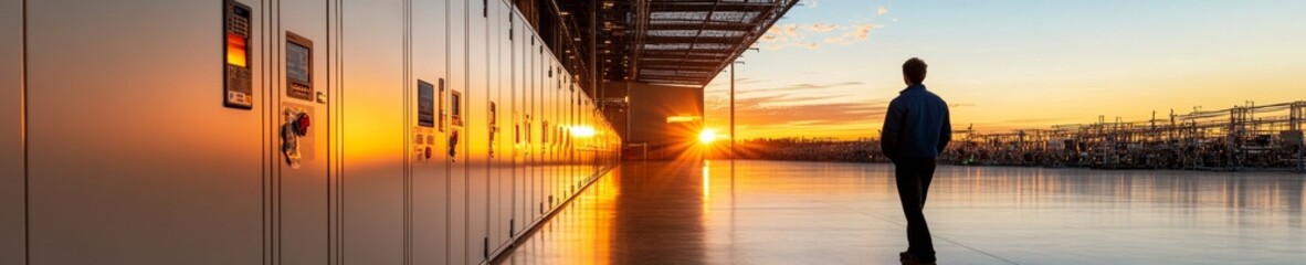 Leinwandbilder - Industrial Sunset Panorama Sleek Metallic Power Plant Infrastructure with Mechanical Systems - Sustainable Engineering for Energy Sector Efficiency