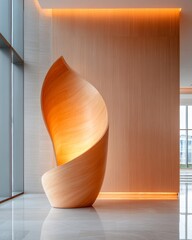 Aufkleber - Sculptural Wooden Art Installation Modern LED-Lit Curved Design for Commercial Interiors - Elevating Professional Spaces with Innovative Artistry and Sustainable Materials