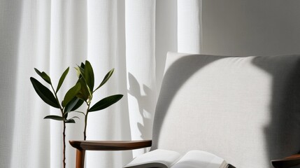 Poster - Mindful Retreat Linen Recliner with Open Book and Natural Light - Biophilic Home Decor and Tranquility in Modern Living Spaces for Enhanced Well-being
