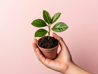 Aufkleber - Scandi Eco-Graphic Design Minimalist Hand-Held Seedling in Earthenware Pot on Soft Pink Backdrop Dynamic Content for Sustainable Brand Storytelling and Eco-Conscious Marketing Strategies